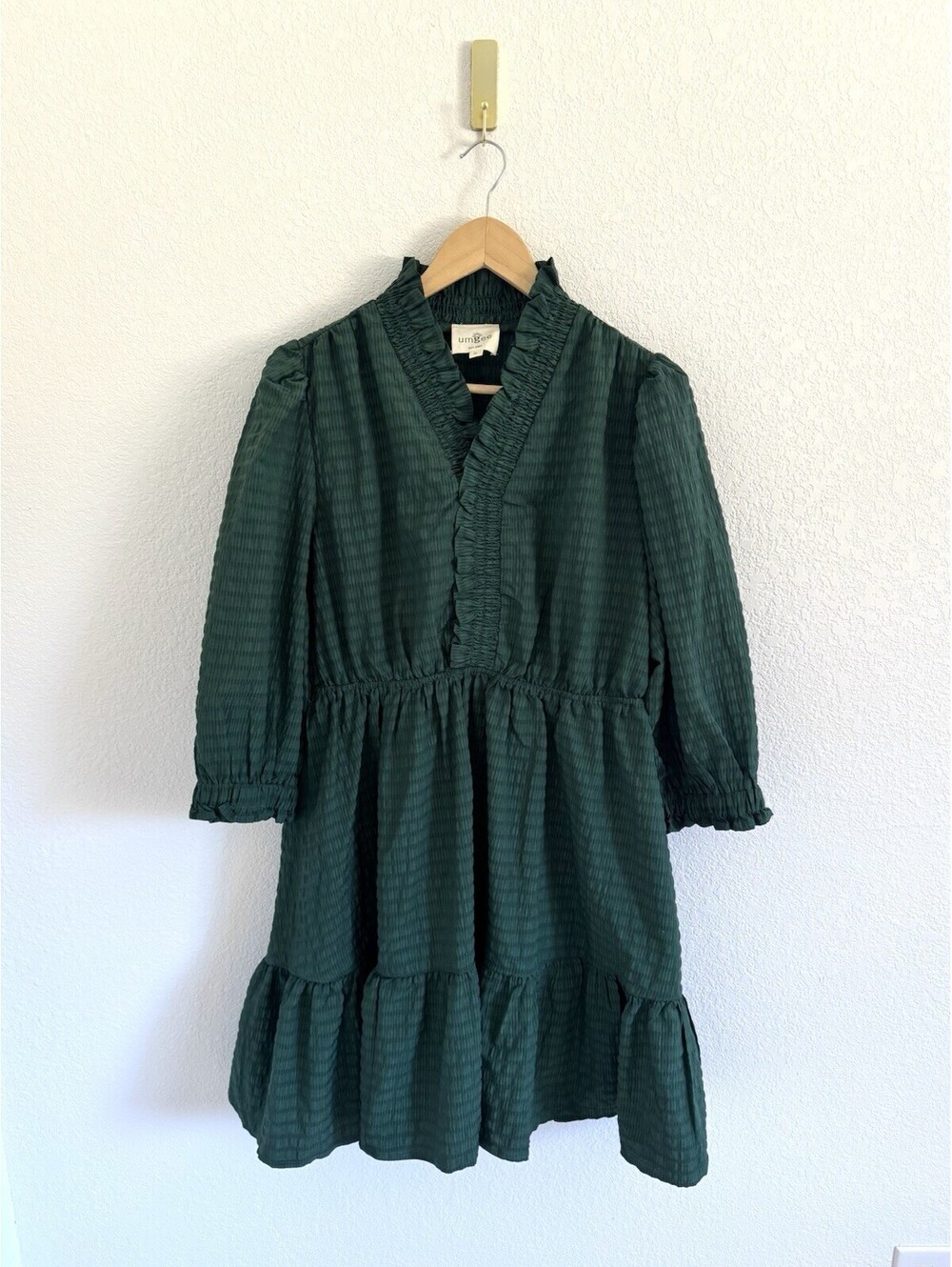 Umgee Women’s Sz XL Hunter Green Smocked Ruffle Trim Textured Babydoll Dress